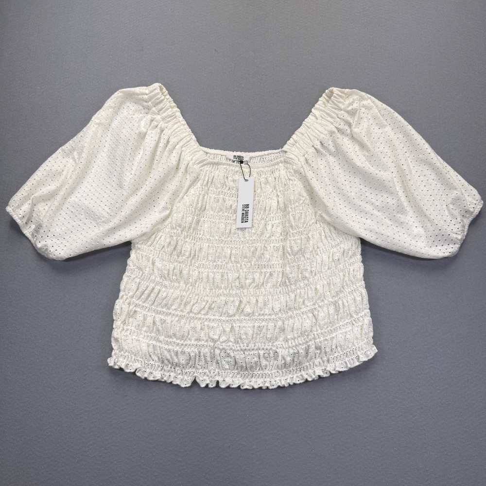 BB Dakota Steve Madden Womens 2X White Eyelet Smocked Puff Sleeve Top BM25641P